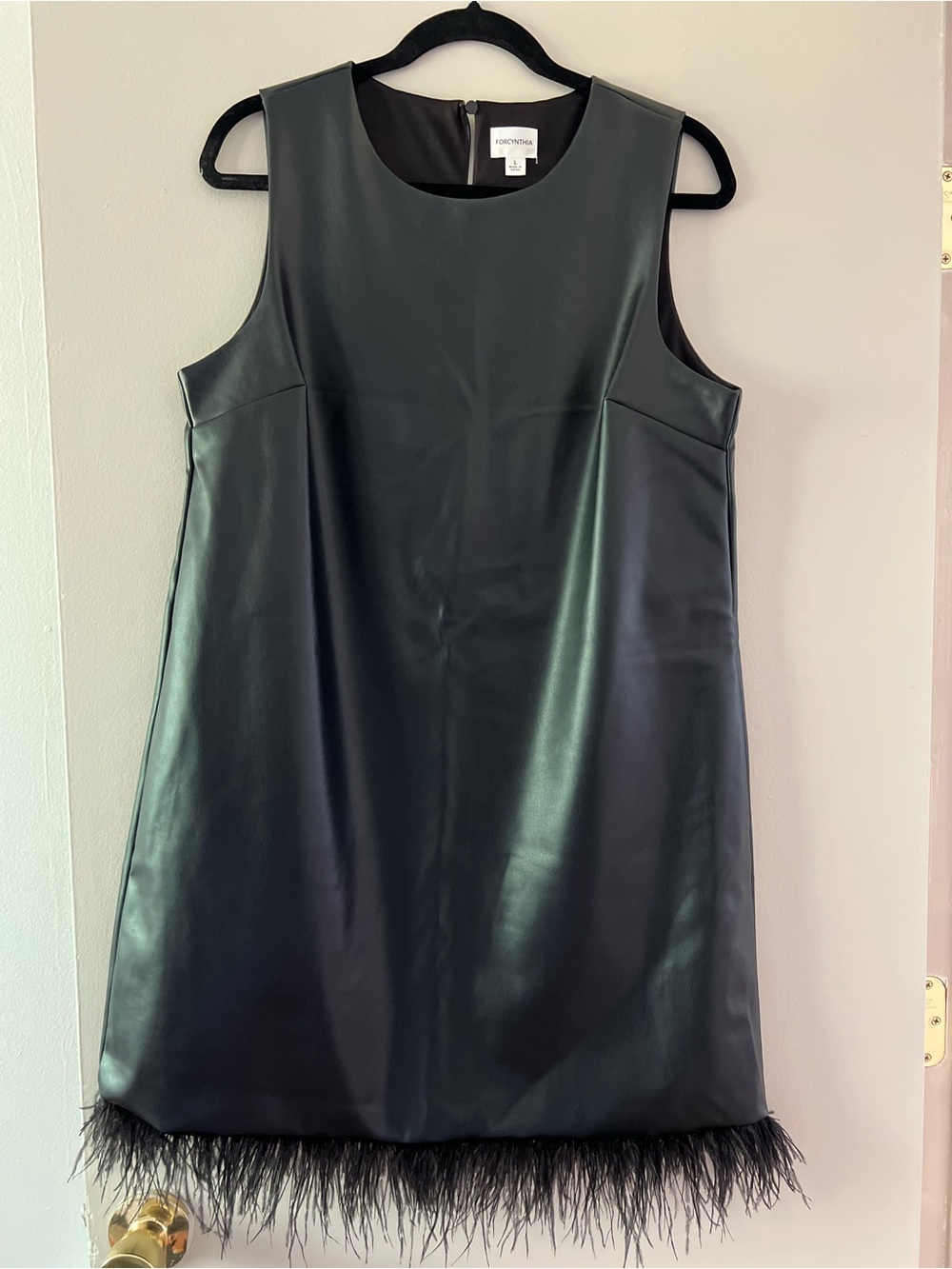 For Cynthia Black Faux Leather Feather-Hem Mini Dress